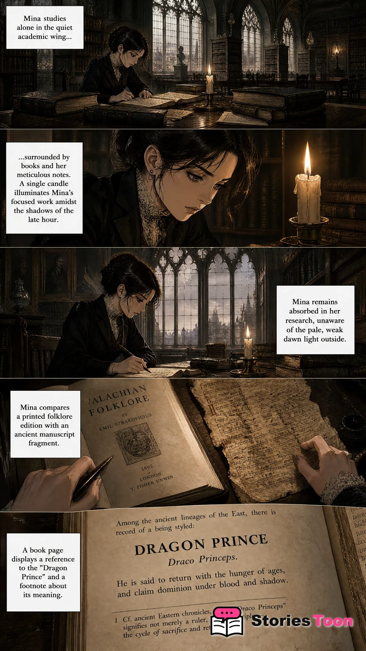 Page 1 of Crimson Vow showing Mina studying in a gothic library