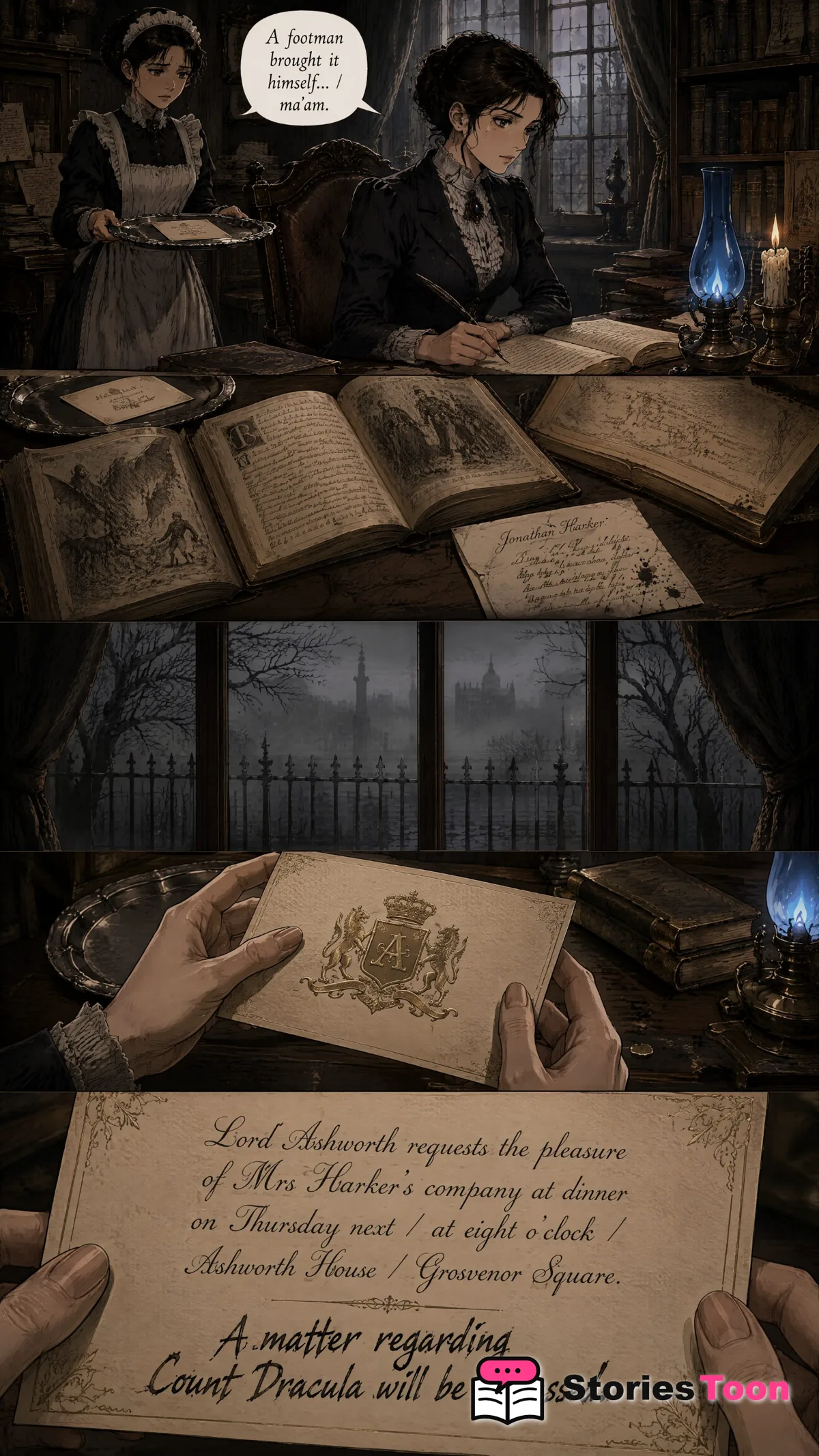 Page 27 of Crimson Vow showing Mina writing at her desk