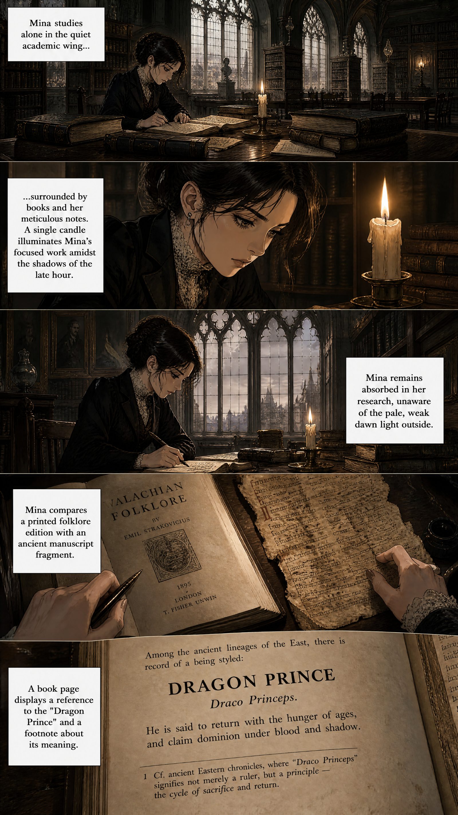Opening English manga page of Crimson Vow showing Mina researching in a library