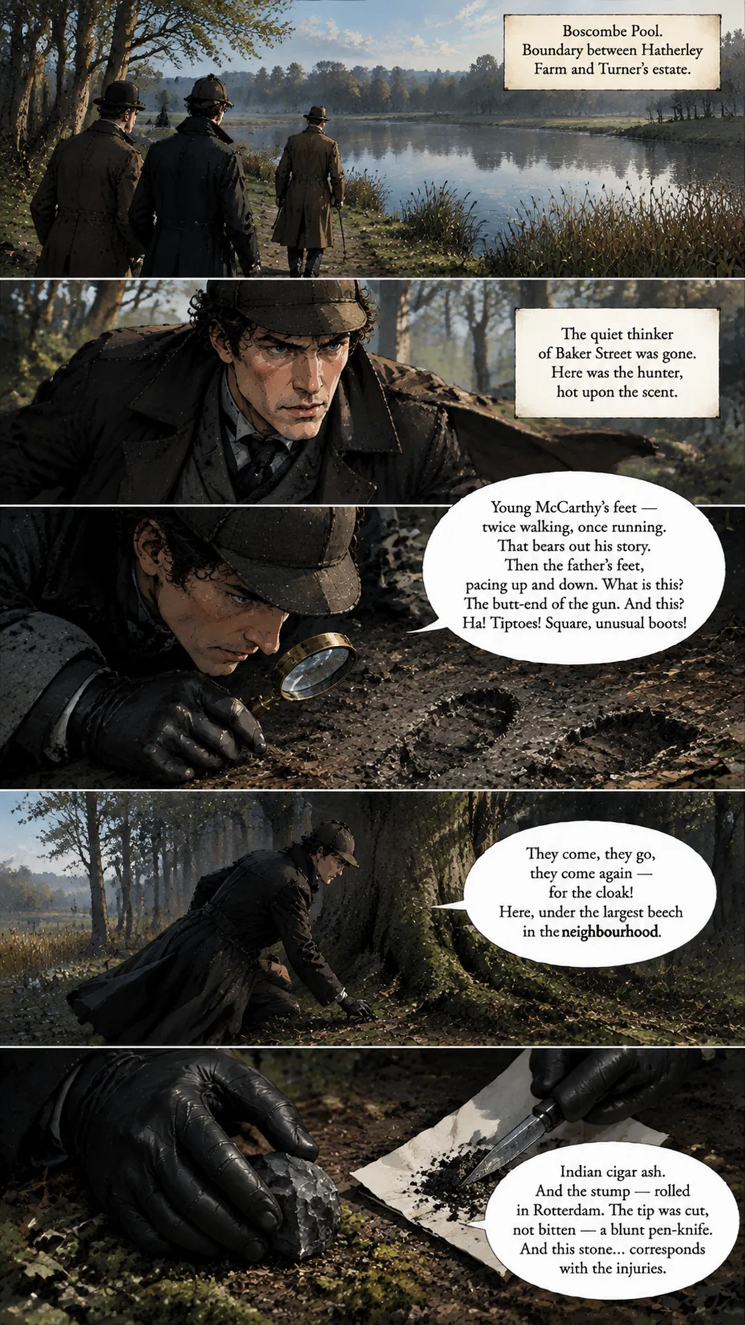 Holmes investigates a clue outdoors on page 14 of chapter 4