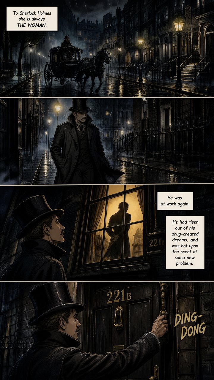 A carriage approaches 221B Baker Street in the rain