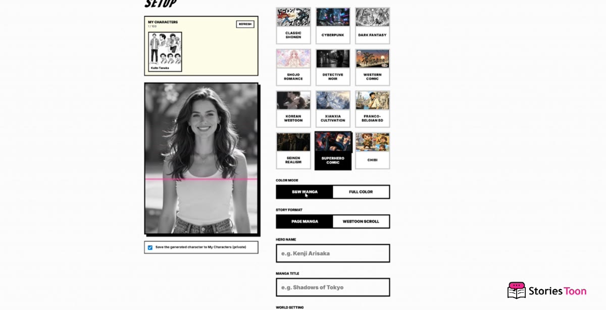 Screenshot for Enter the character and story setup